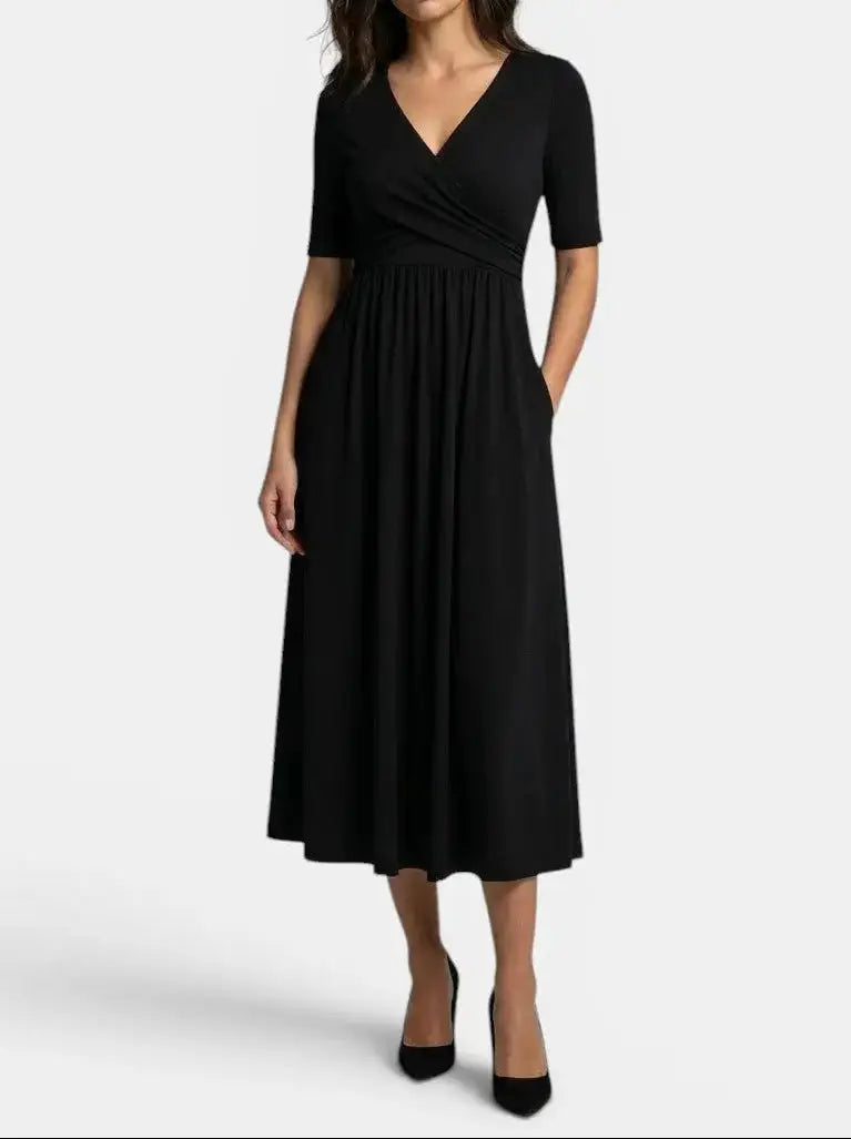 Margot — Smooth Midi Dress With Flattering Wrap Style And Practical Pockets Black