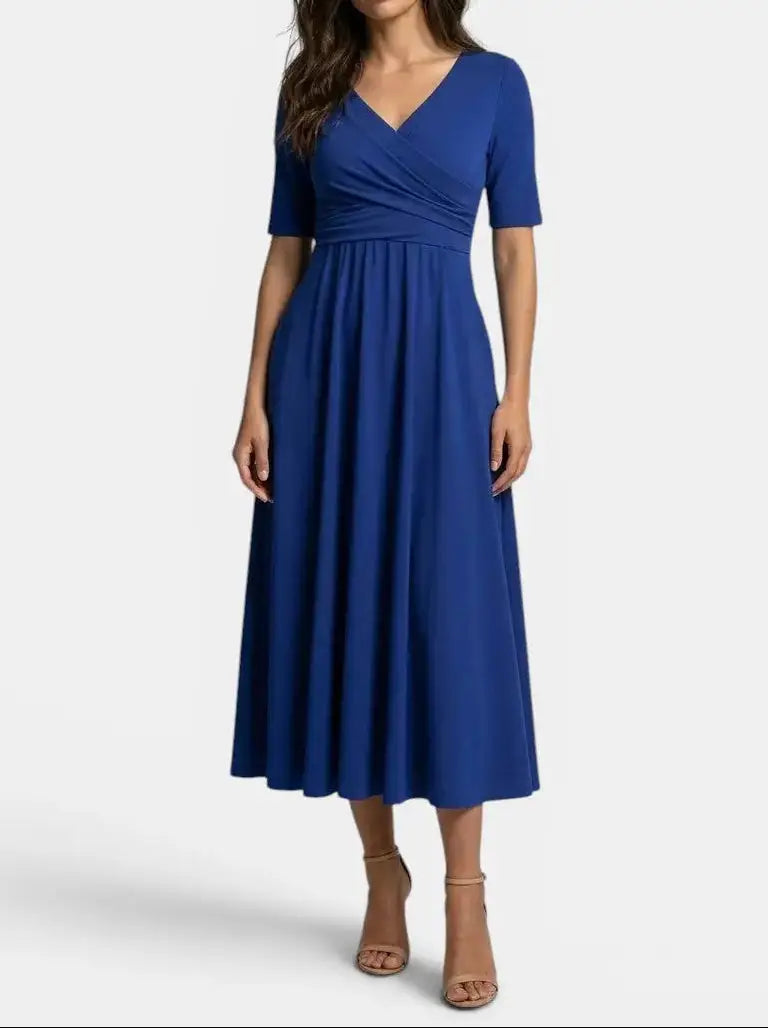 Margot — Smooth Midi Dress With Flattering Wrap Style And Practical Pockets Blue