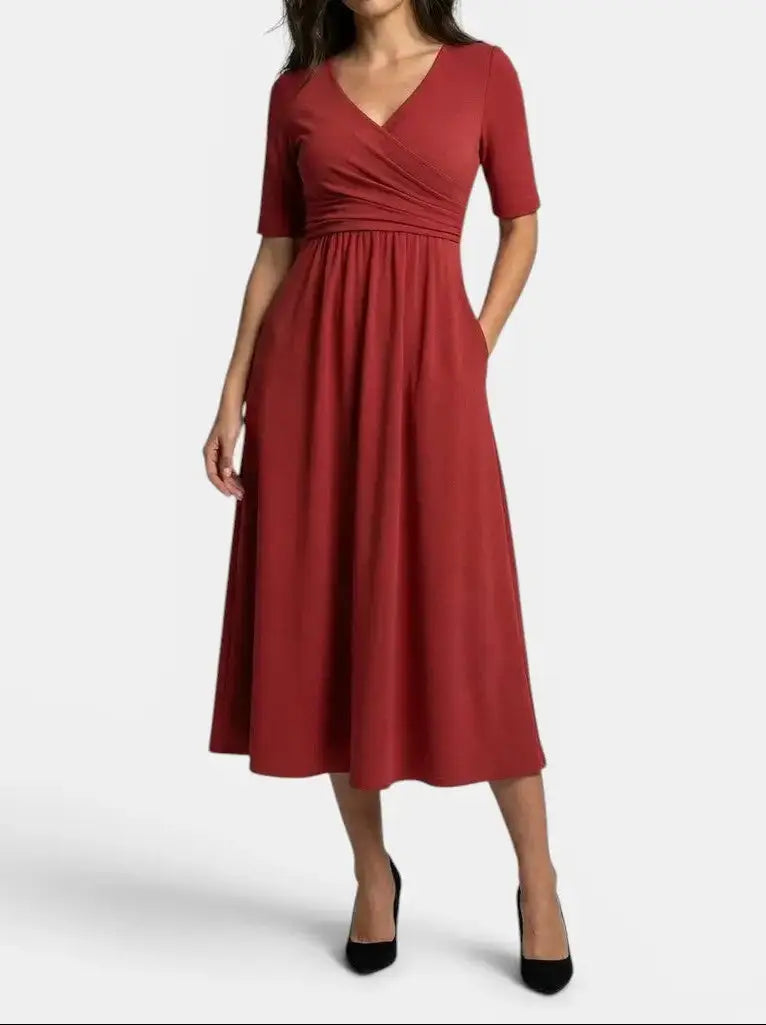 Margot — Smooth Midi Dress With Flattering Wrap Style And Practical Pockets Red