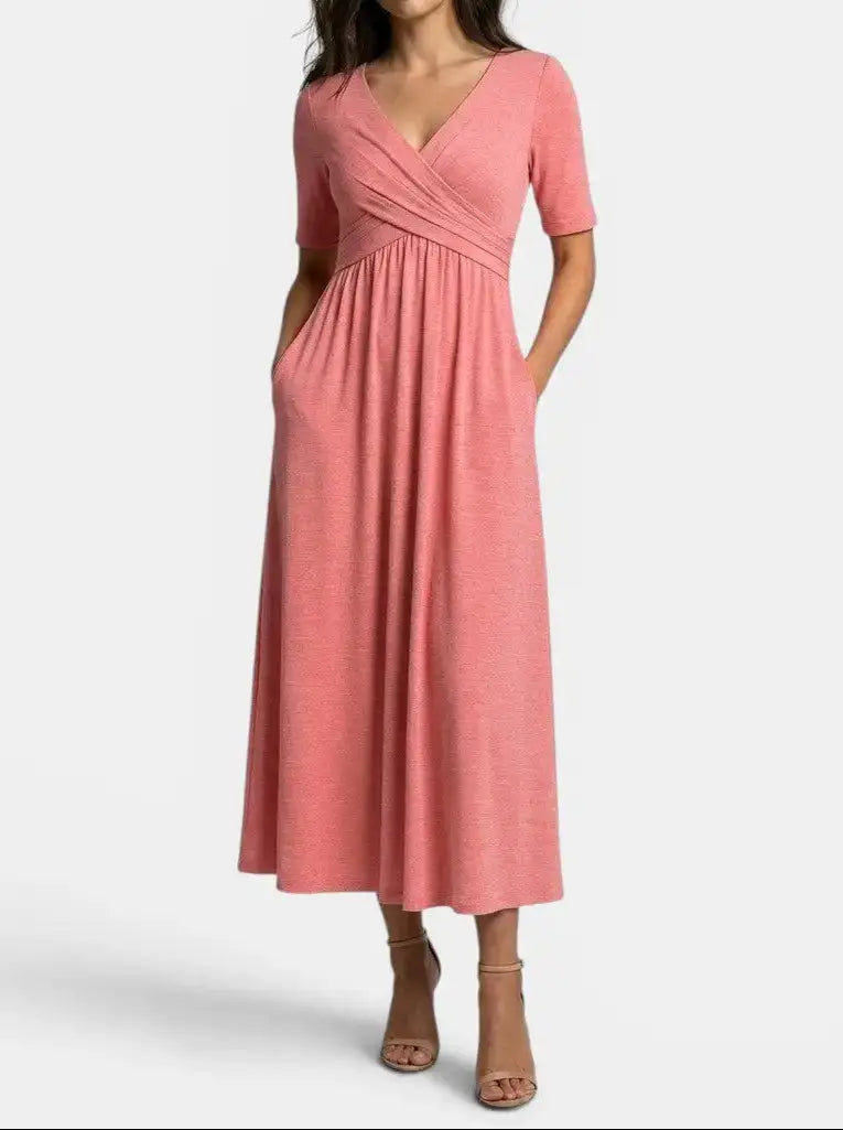 Margot — Smooth Midi Dress With Flattering Wrap Style And Practical Pockets Pink