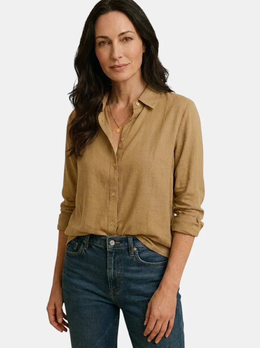 Marbella — Soft Drape Long Sleeve Blouse With Elegant Relaxed Summer Style Light Brown
