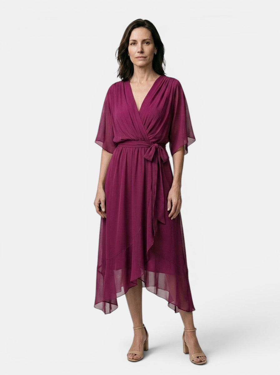 Theodosia — Soft Draped Midi Dress With Elegant V-Neck Wrap Cocktail Design Dark Purple