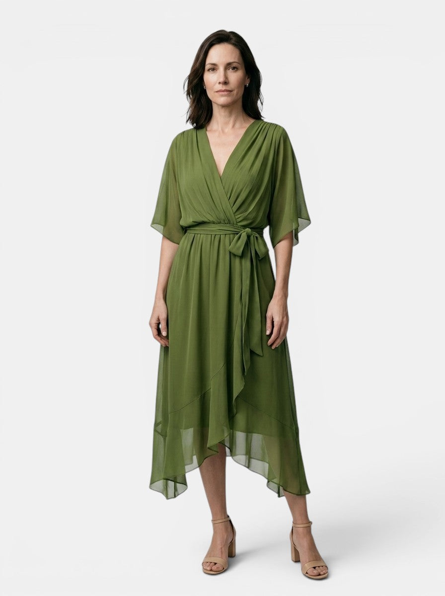 Theodosia — Soft Draped Midi Dress With Elegant V-Neck Wrap Cocktail Design Dark Green