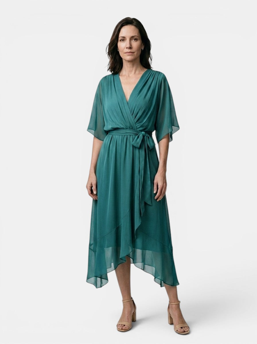 Theodosia — Soft Draped Midi Dress With Elegant V-Neck Wrap Cocktail Design Green