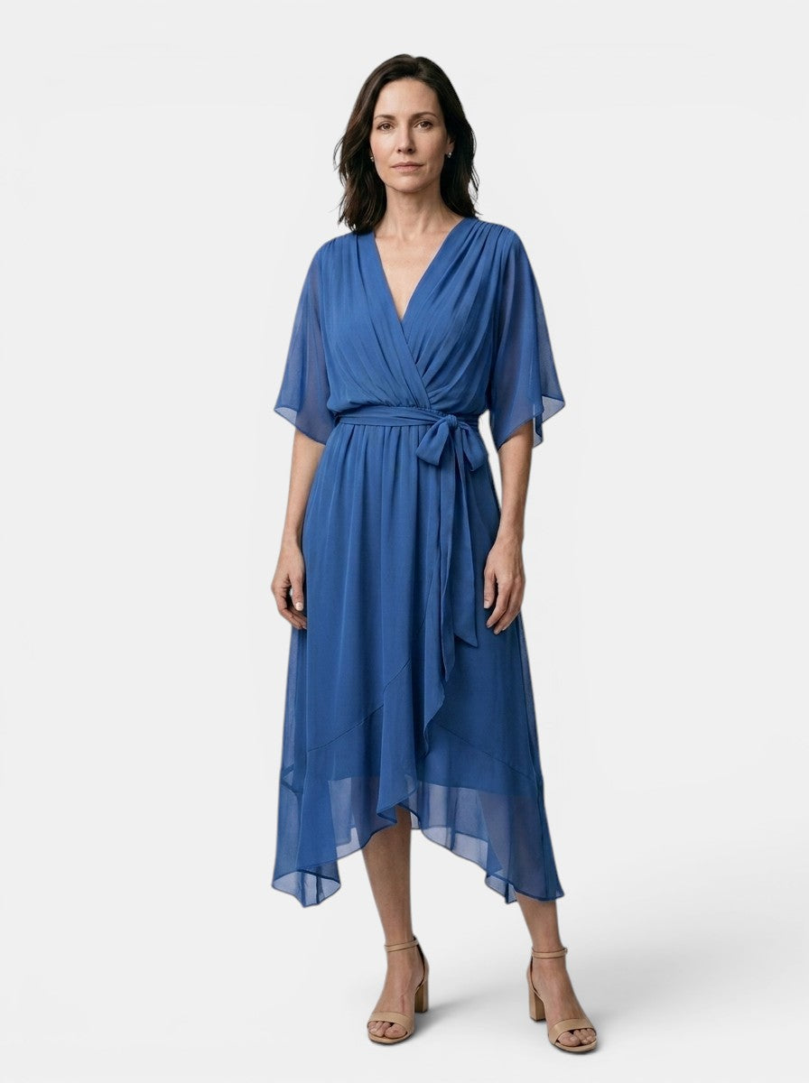 Theodosia — Soft Draped Midi Dress With Elegant V-Neck Wrap Cocktail Design Blue