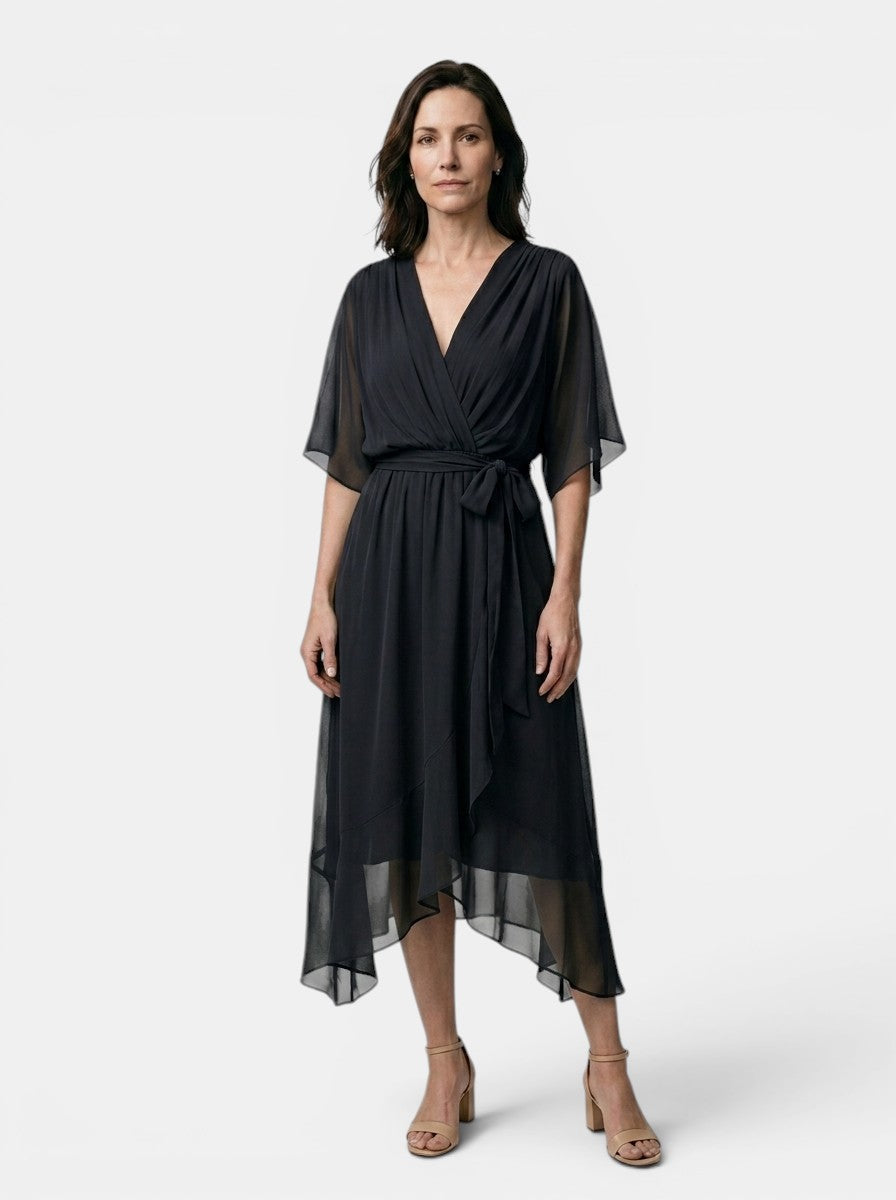 Theodosia — Soft Draped Midi Dress With Elegant V-Neck Wrap Cocktail Design Black