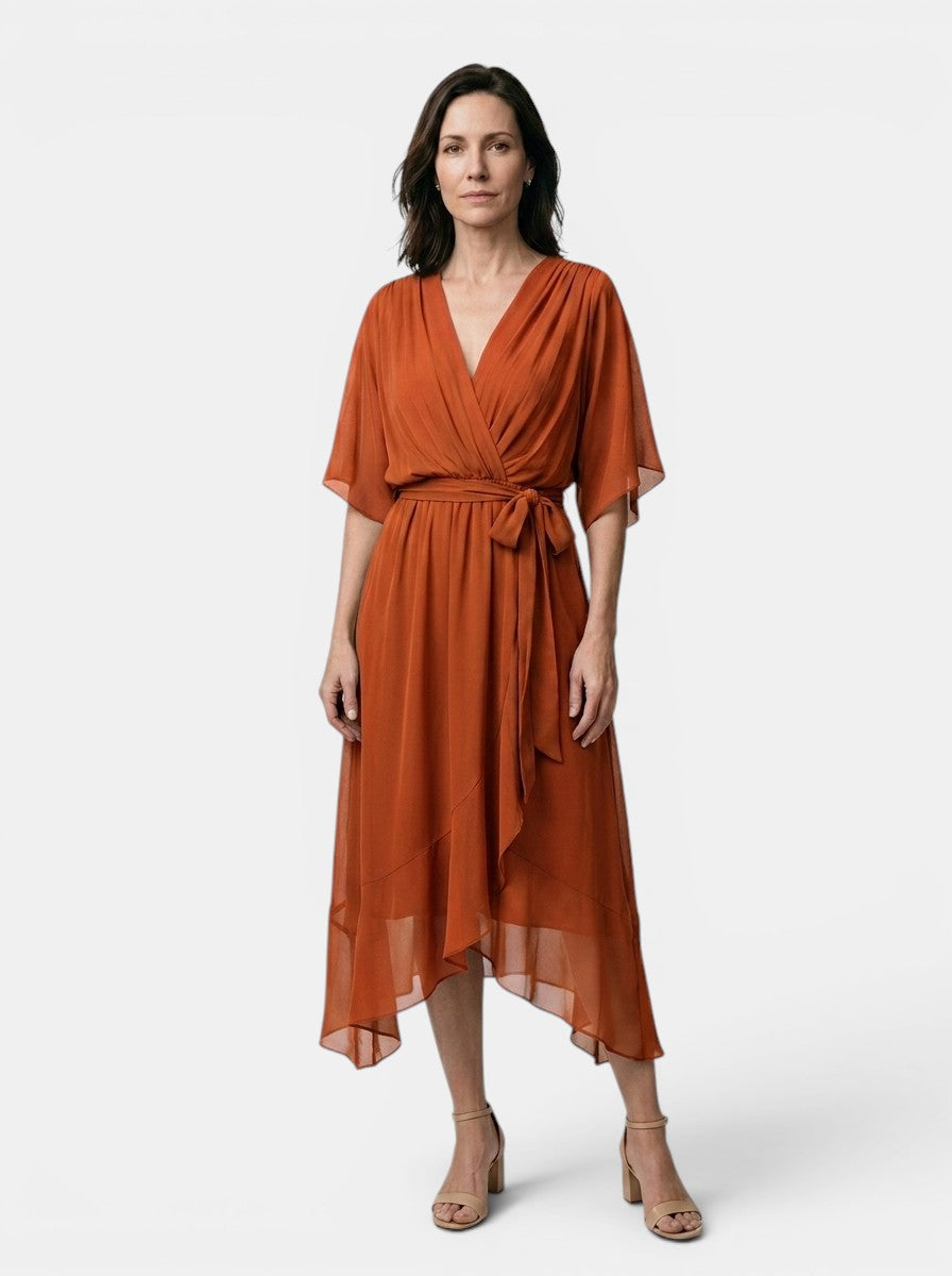 Theodosia — Soft Draped Midi Dress With Elegant V-Neck Wrap Cocktail Design Orange