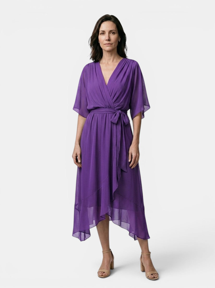 Theodosia — Soft Draped Midi Dress With Elegant V-Neck Wrap Cocktail Design Purple