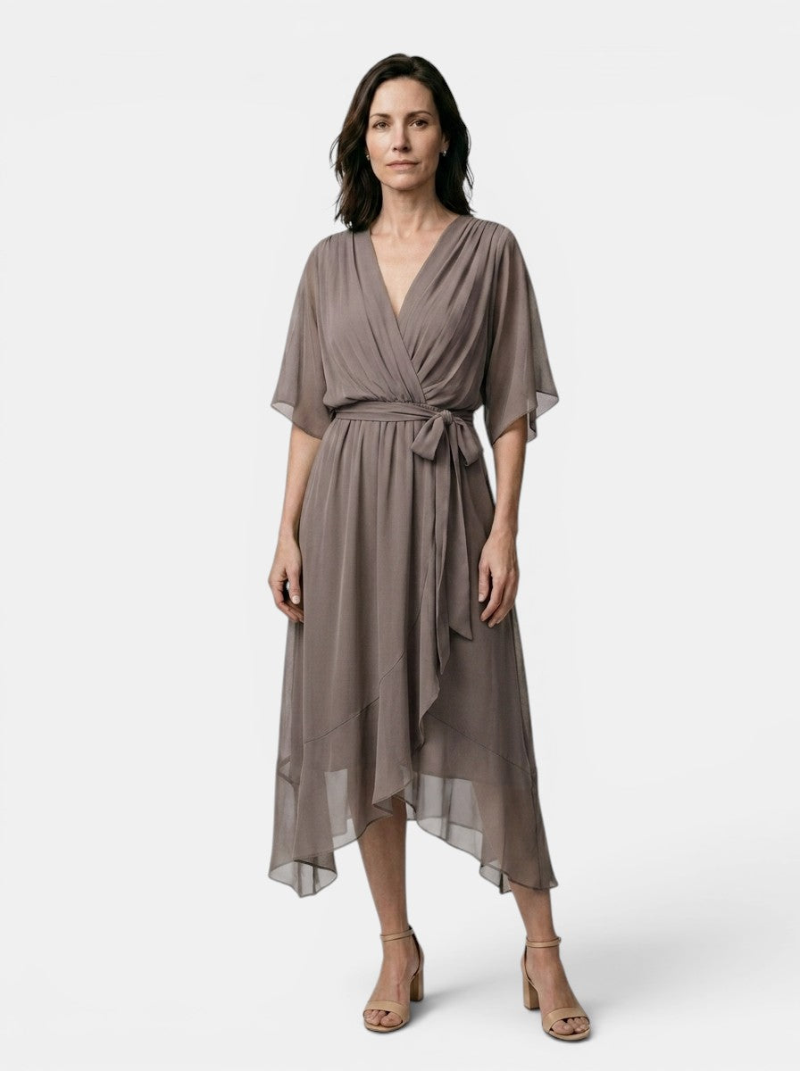 Theodosia — Soft Draped Midi Dress With Elegant V-Neck Wrap Cocktail Design Gray