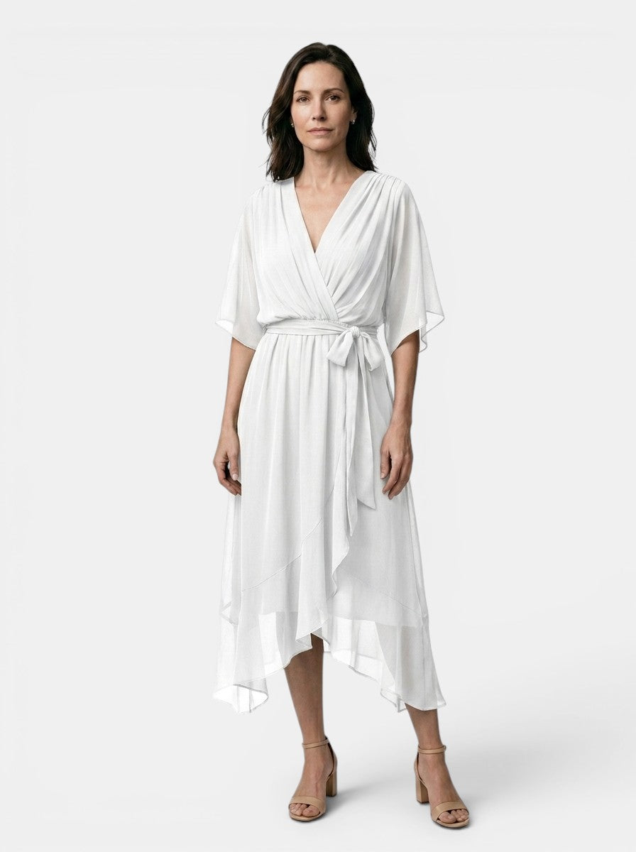 Theodosia — Soft Draped Midi Dress With Elegant V-Neck Wrap Cocktail Design White