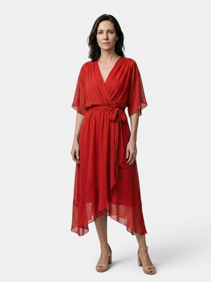 Theodosia — Soft Draped Midi Dress With Elegant V-Neck Wrap Cocktail Design Red
