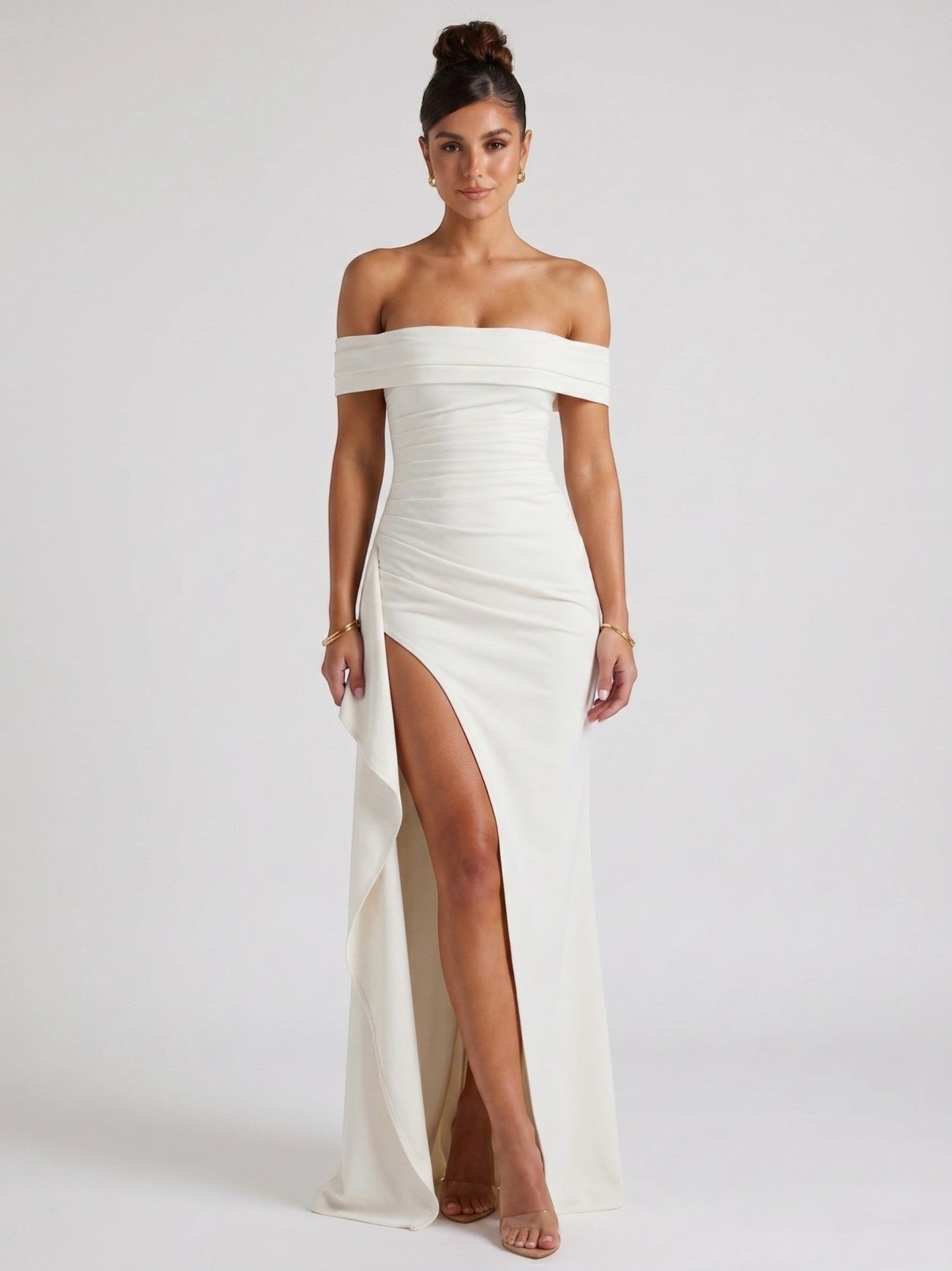 Isadora — Soft Fabric Maxi Dress With Alluring Off-Shoulder Bold Slit Design White