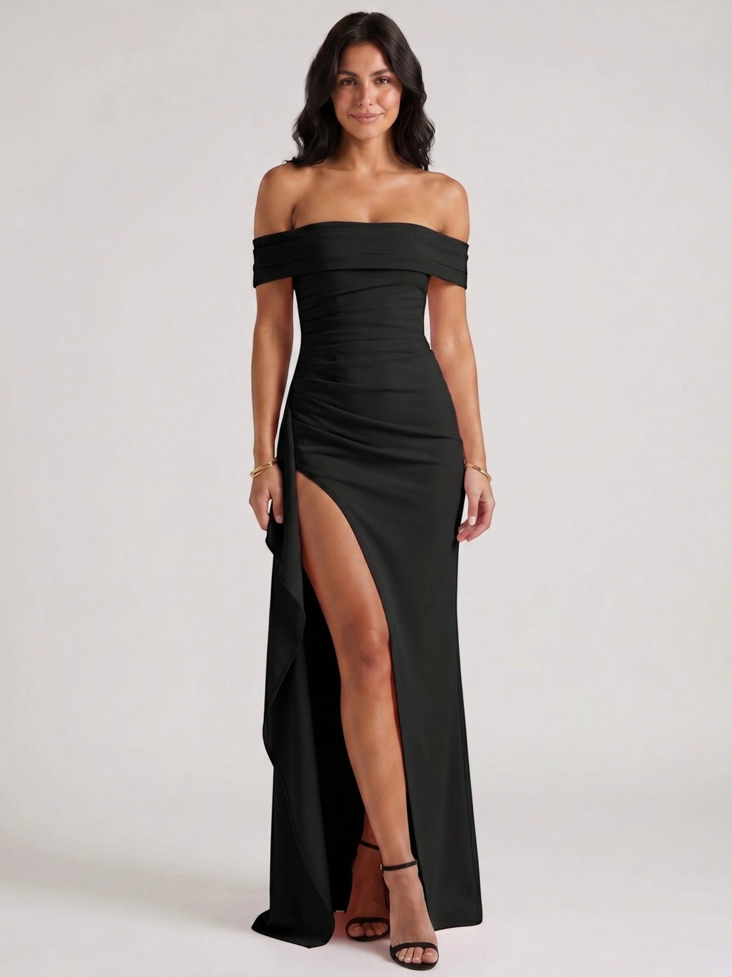 Isadora — Soft Fabric Maxi Dress With Alluring Off-Shoulder Bold Slit Design Black