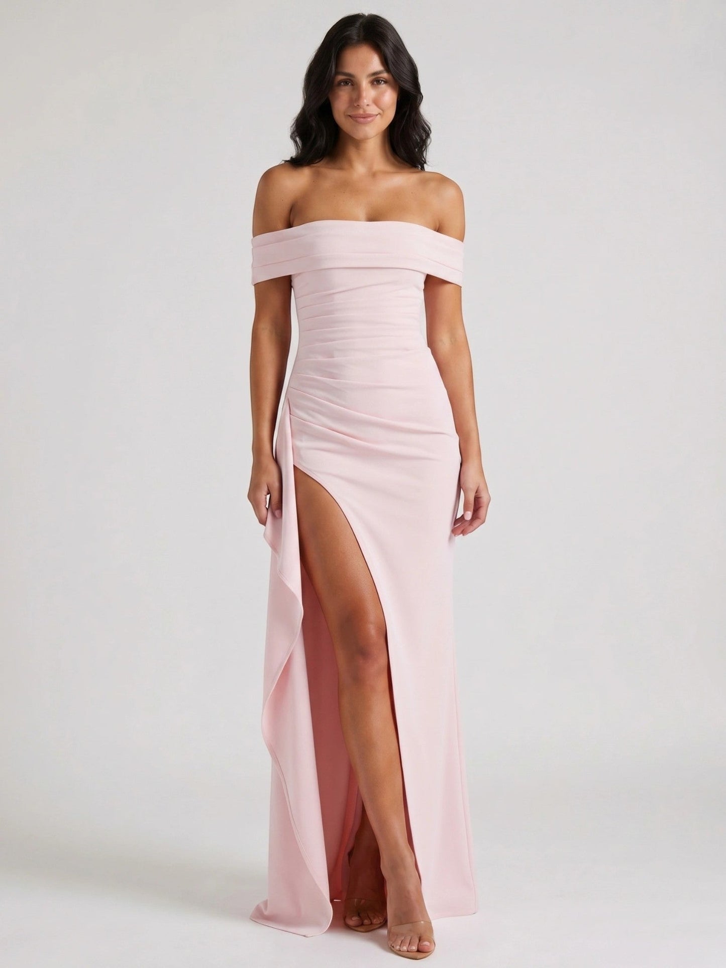 Isadora — Soft Fabric Maxi Dress With Alluring Off-Shoulder Bold Slit Design Pink