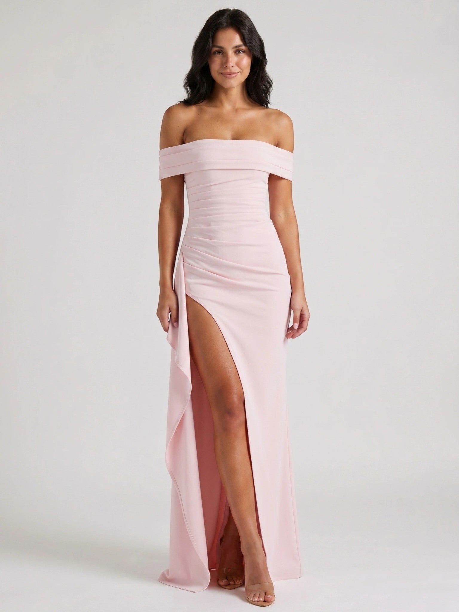 Isadora — Soft Fabric Maxi Dress With Alluring Off-Shoulder Bold Slit Design Pink