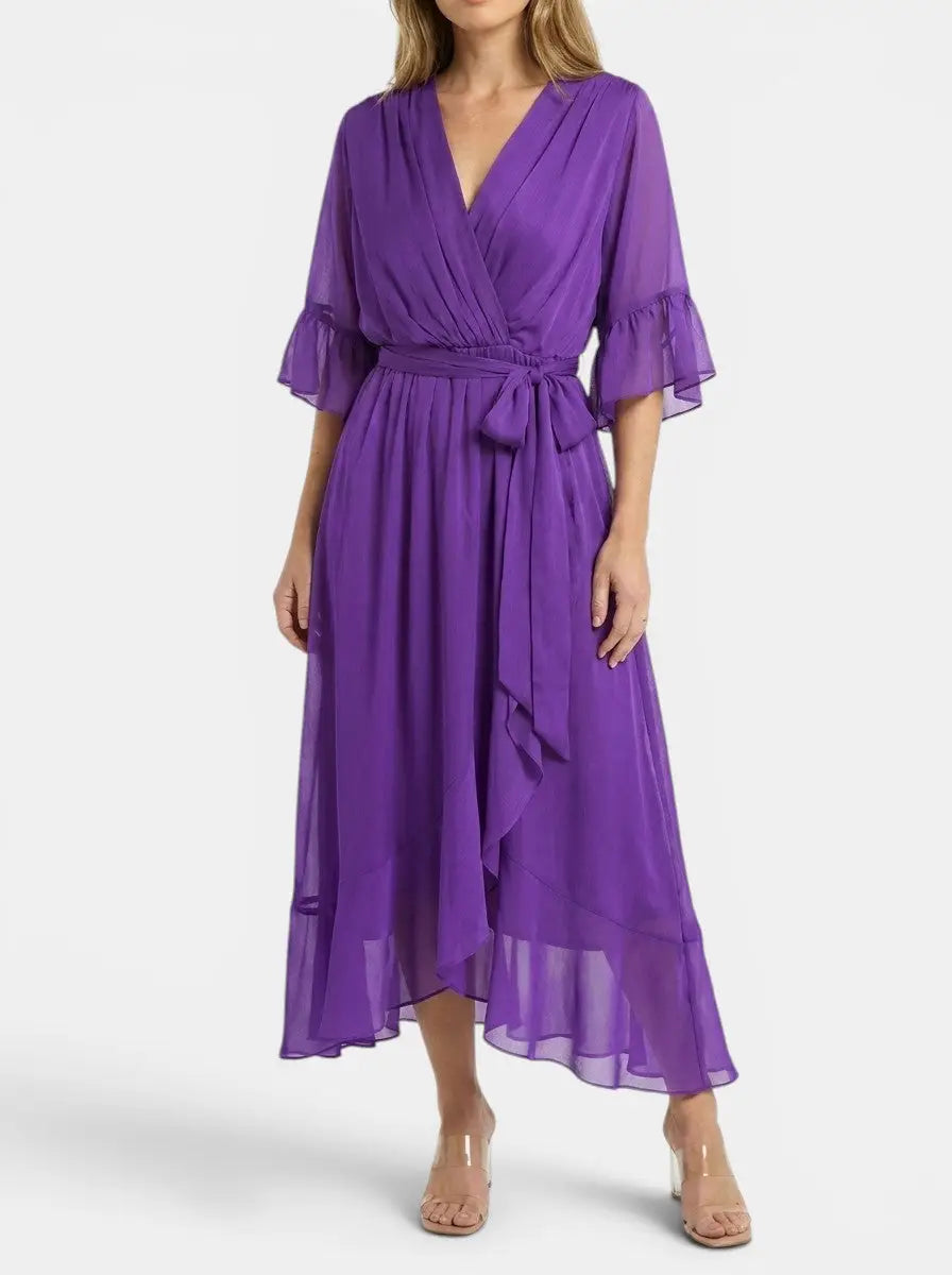 Marisia — Soft Fabric V-Neck Dress With Elegant Flattering Evening Design Purple