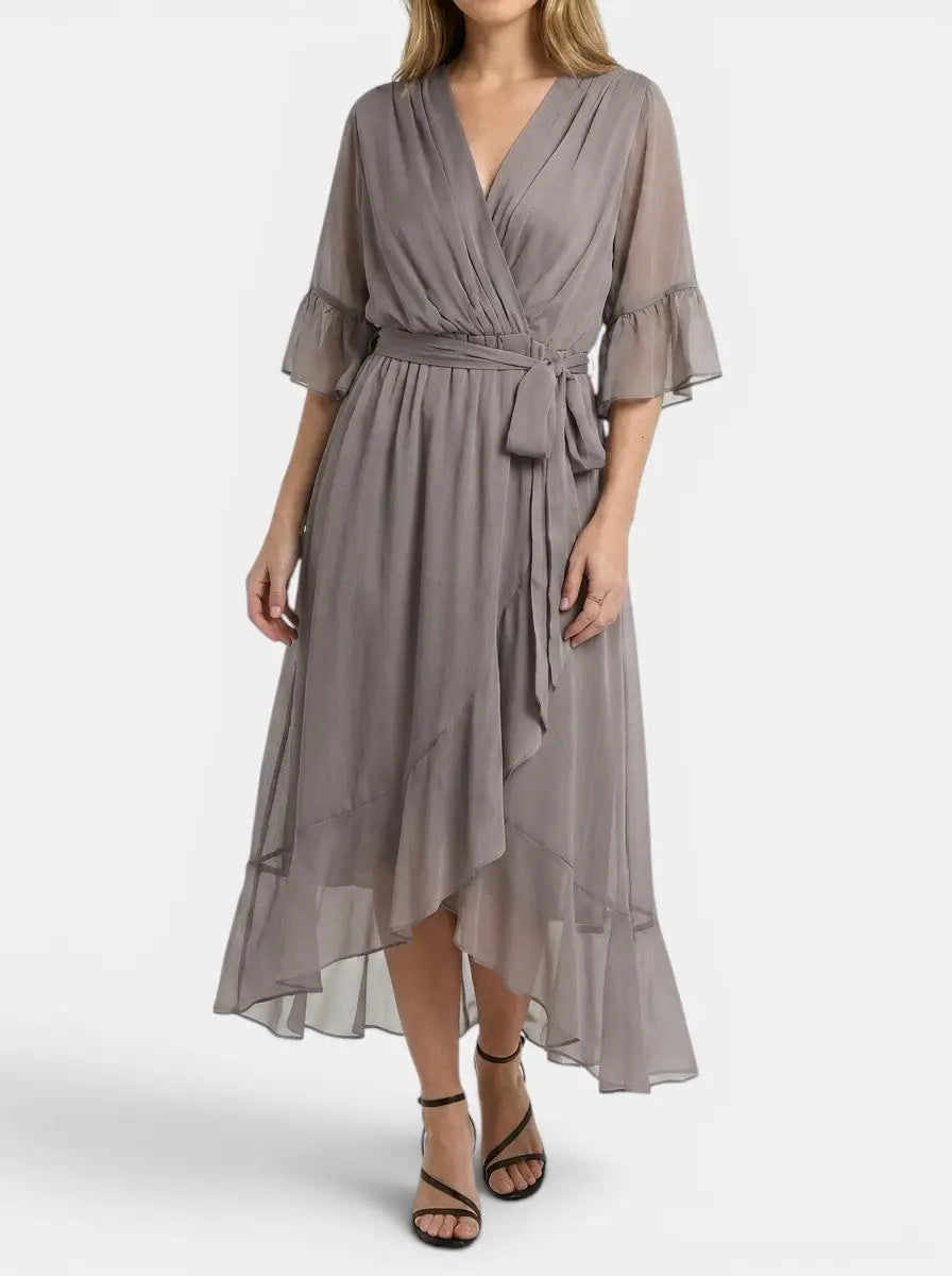 Marisia — Soft Fabric V-Neck Dress With Elegant Flattering Evening Design Gray