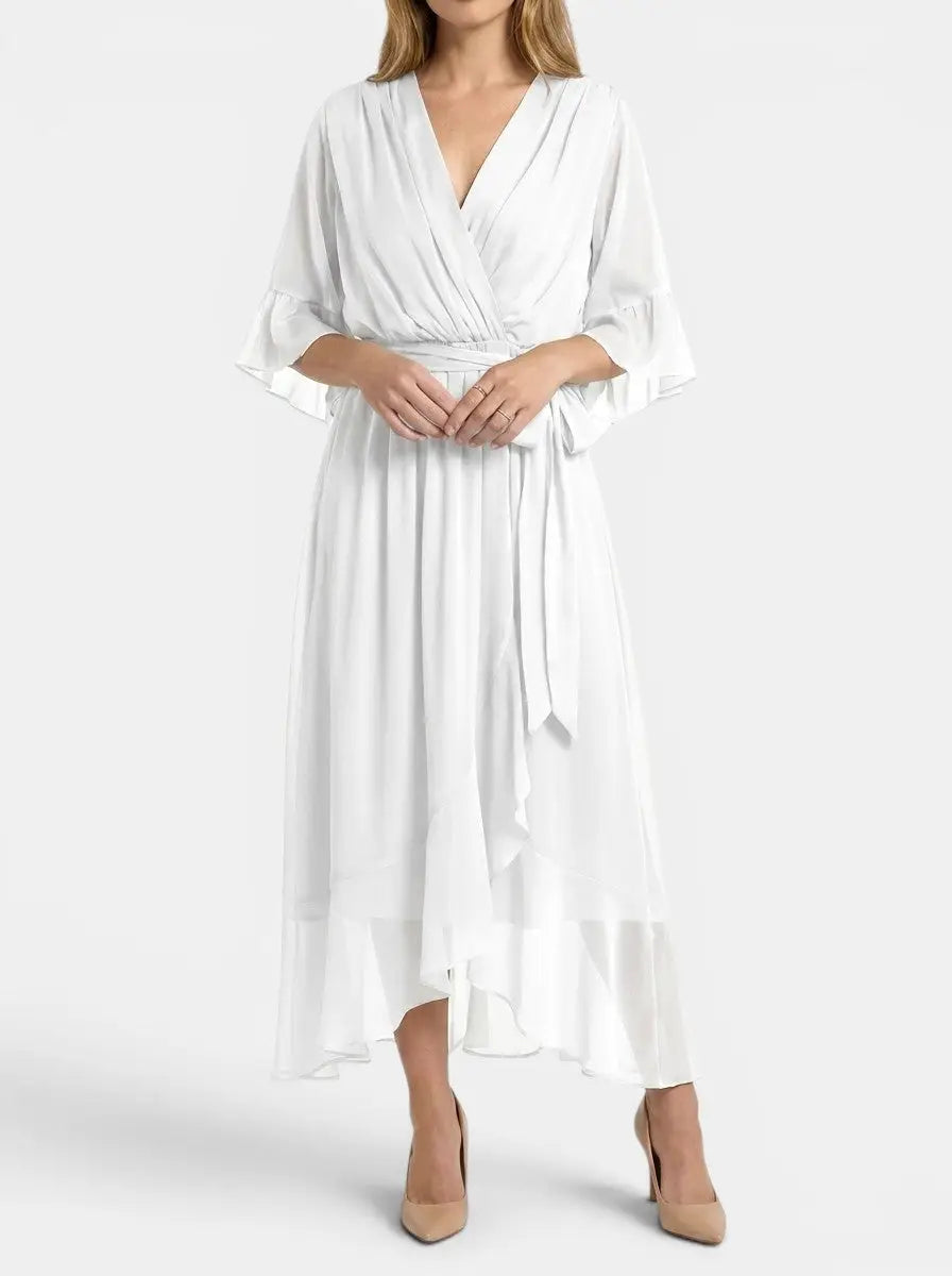 Marisia — Soft Fabric V-Neck Dress With Elegant Flattering Evening Design White