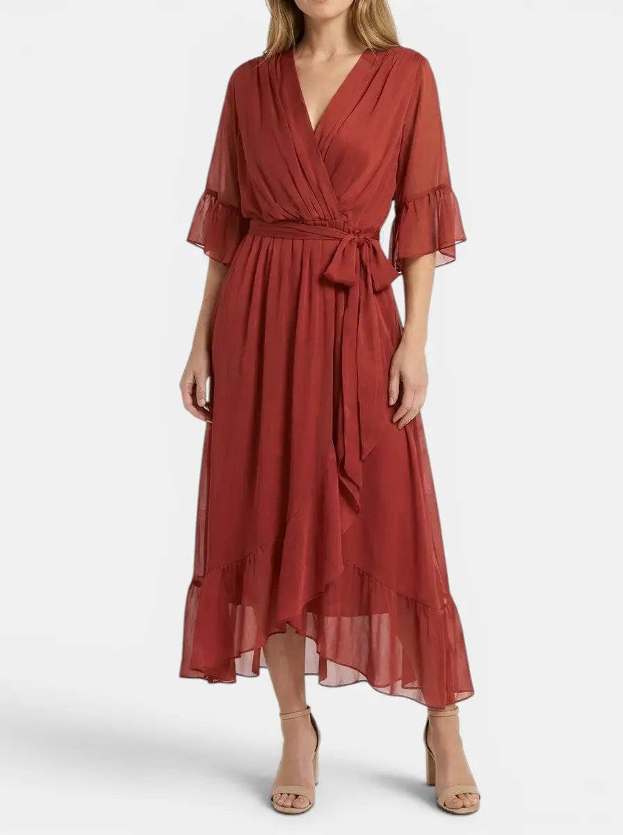 Marisia — Soft Fabric V-Neck Dress With Elegant Flattering Evening Design Red