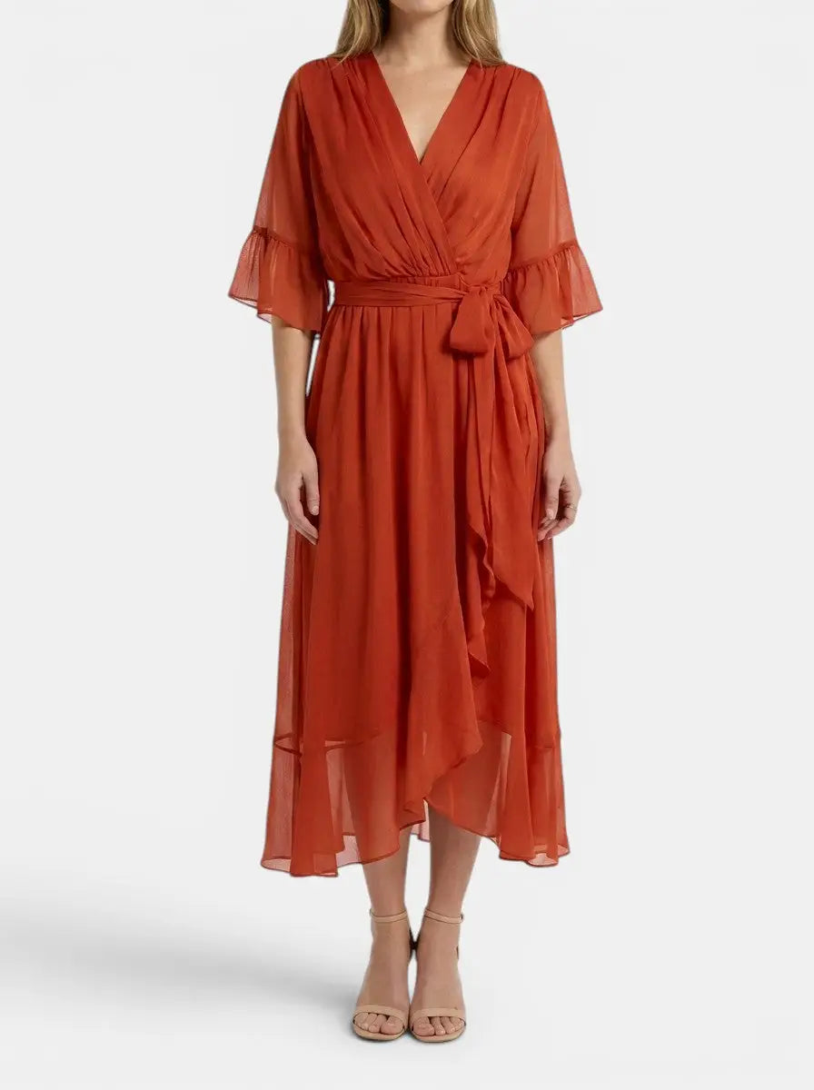 Marisia — Soft Fabric V-Neck Dress With Elegant Flattering Evening Design Orange
