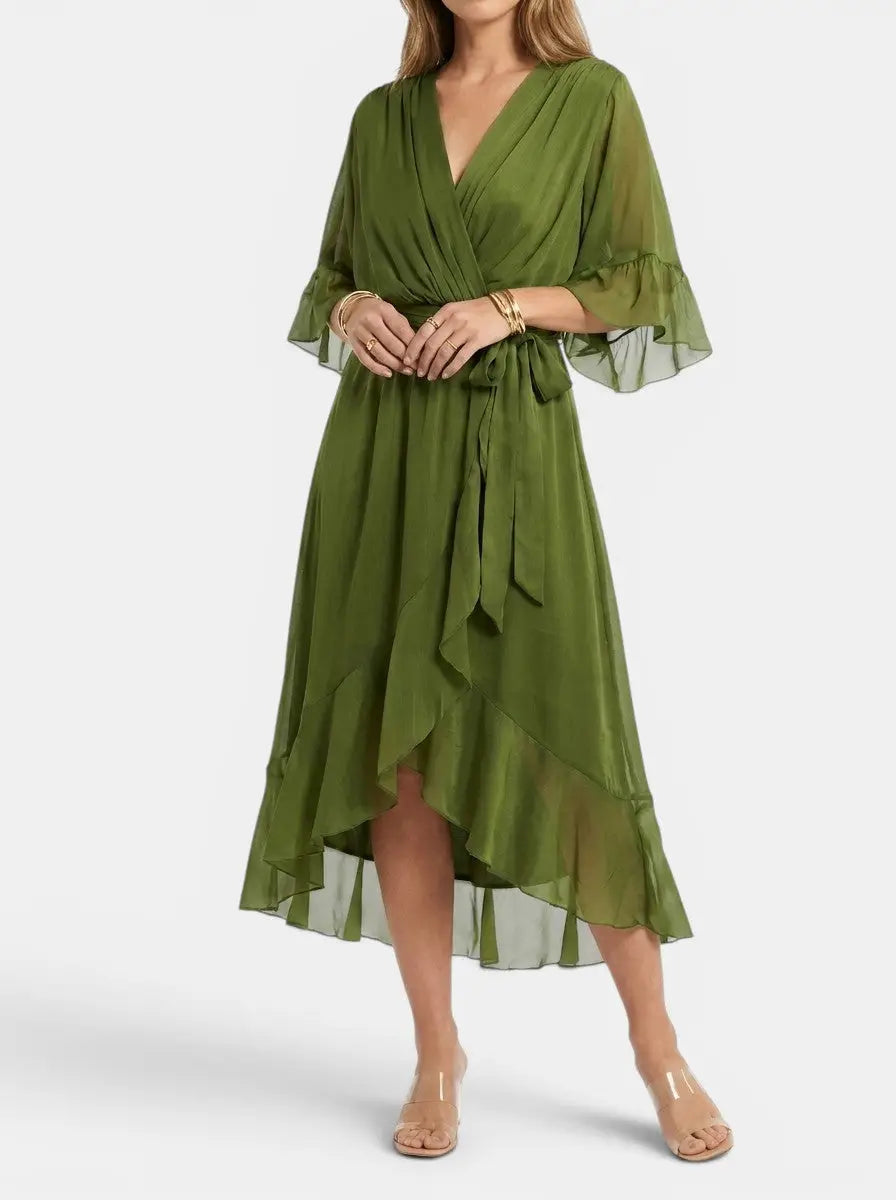 Marisia — Soft Fabric V-Neck Dress With Elegant Flattering Evening Design Green