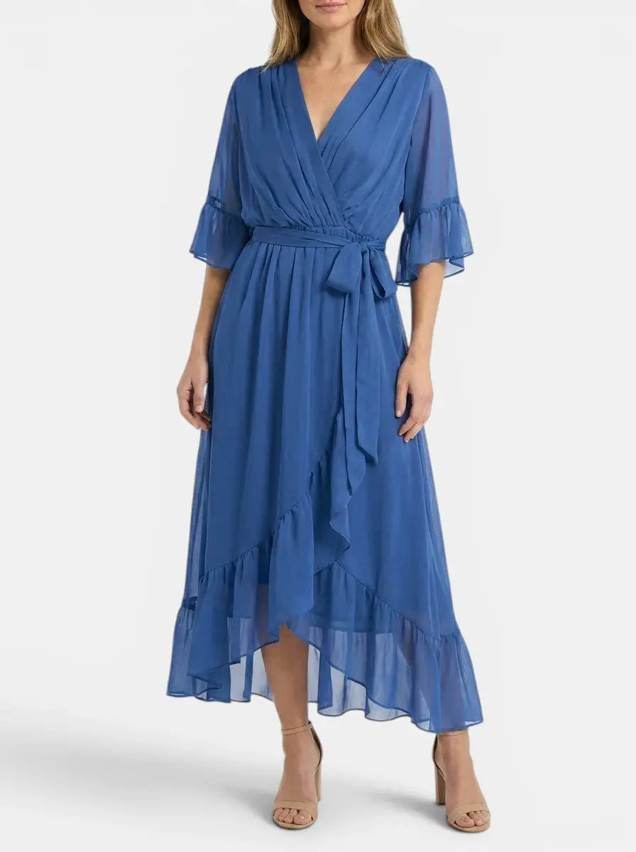 Marisia — Soft Fabric V-Neck Dress With Elegant Flattering Evening Design Blue