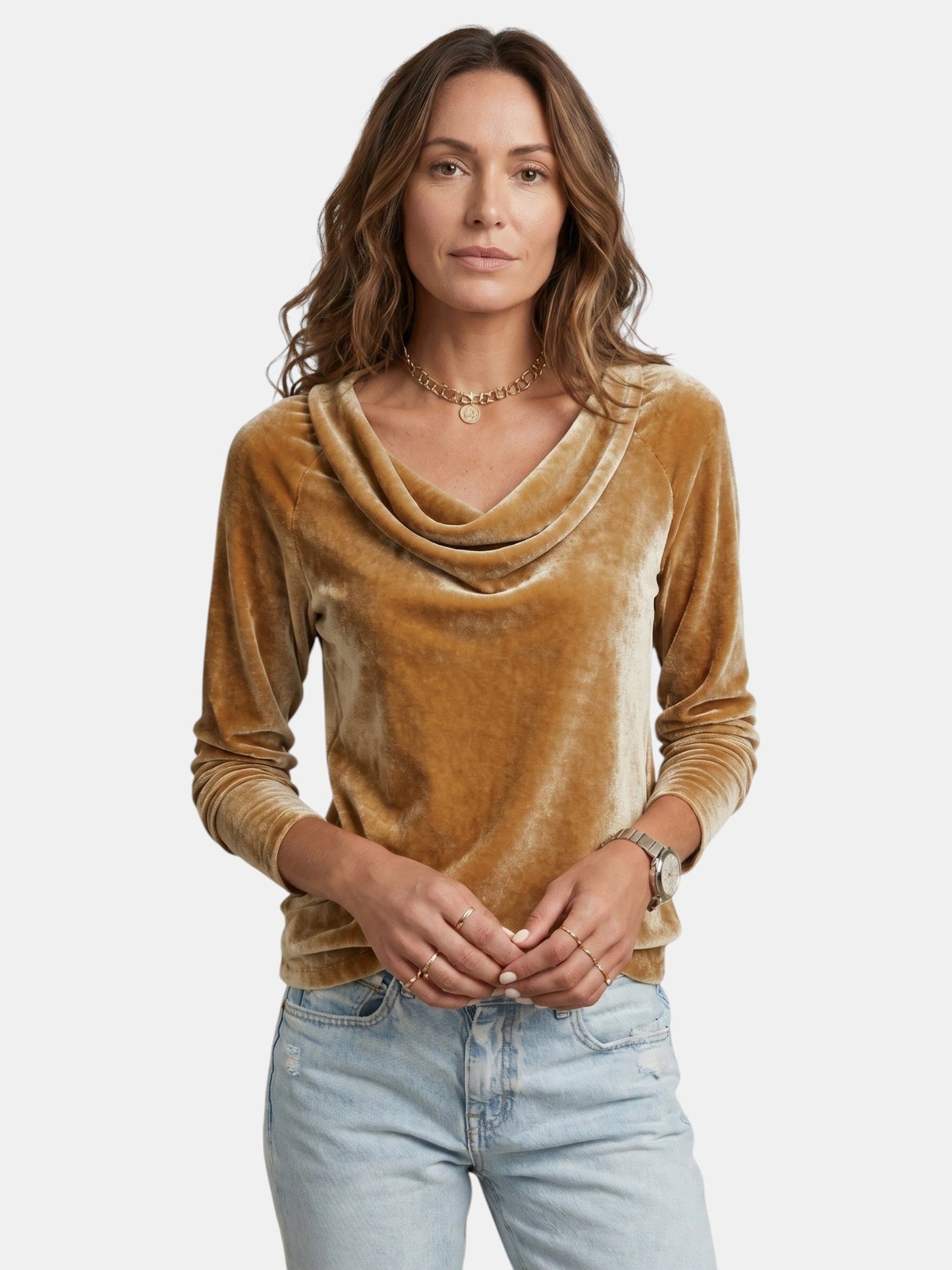 Velora — Soft Velor Blouse With Draped Neckline Long Sleeve Elegant Style Gold