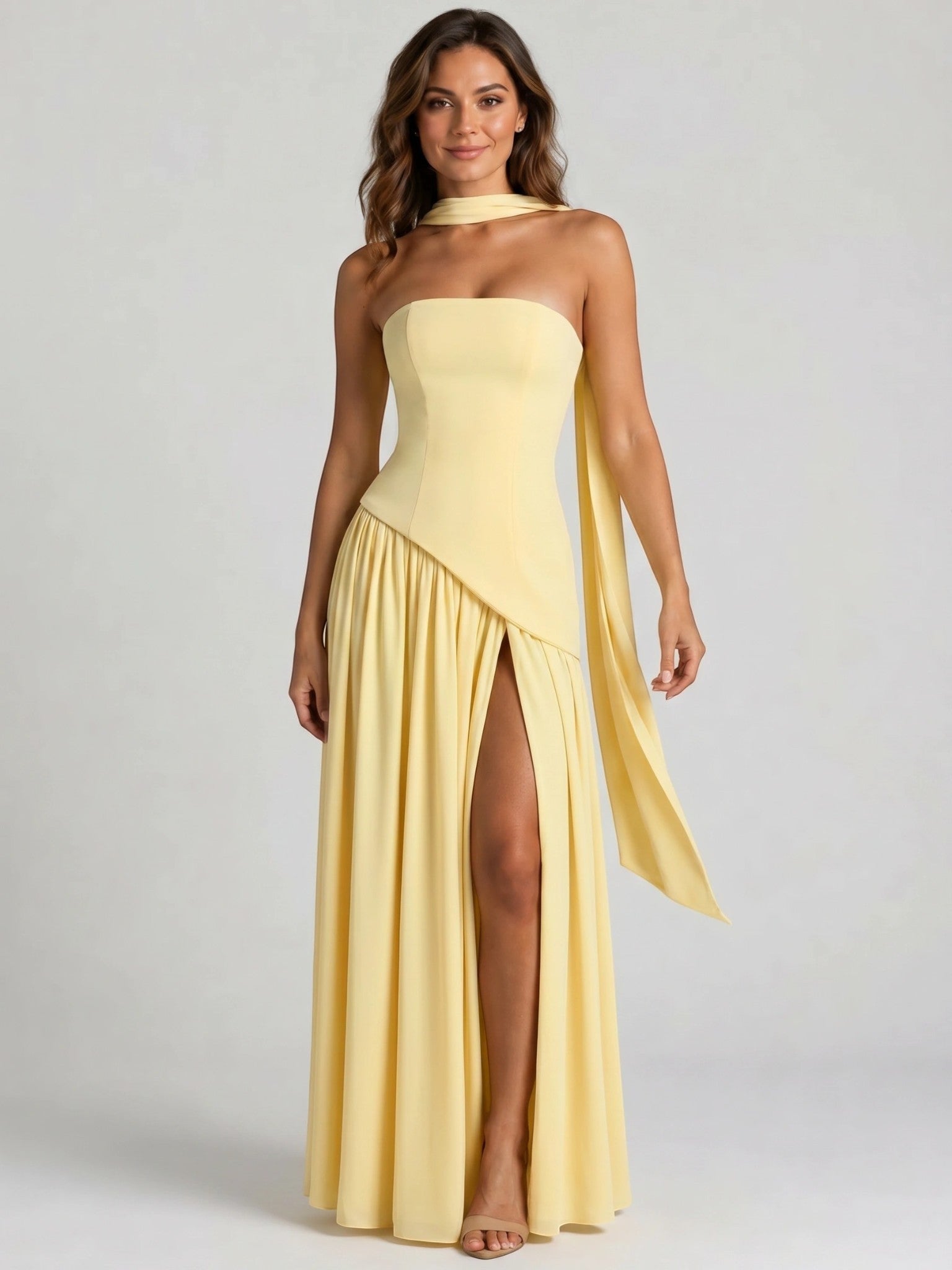 Genevieve — Structured Cocktail Dress With Elegant Strapless High Slit Design Lemon Yellow