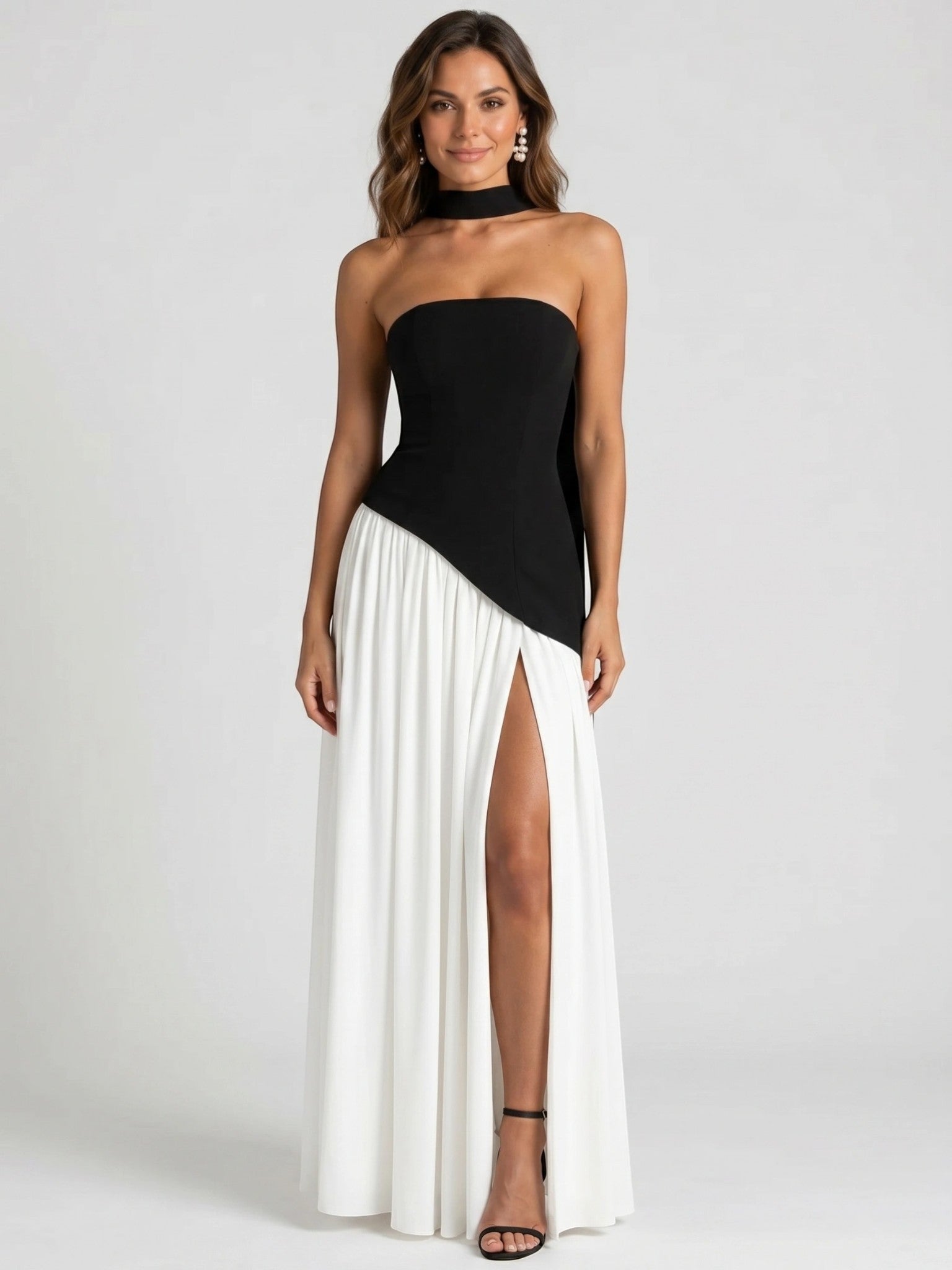 Genevieve — Structured Cocktail Dress With Elegant Strapless High Slit Design Black
