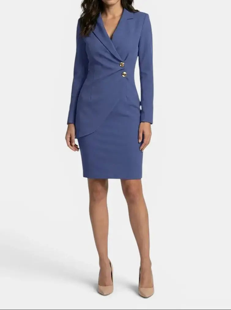 Cordelia — Structured Midi Dress With Elegant Long Sleeves For Formal Office Wear Blue