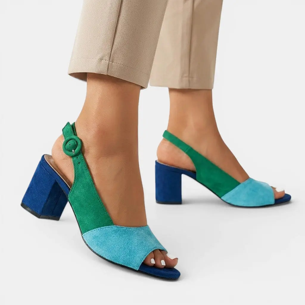 Colourblock — Synthetic Colourblock Slingback Heels With Elegant Adjustable Dress Design Green