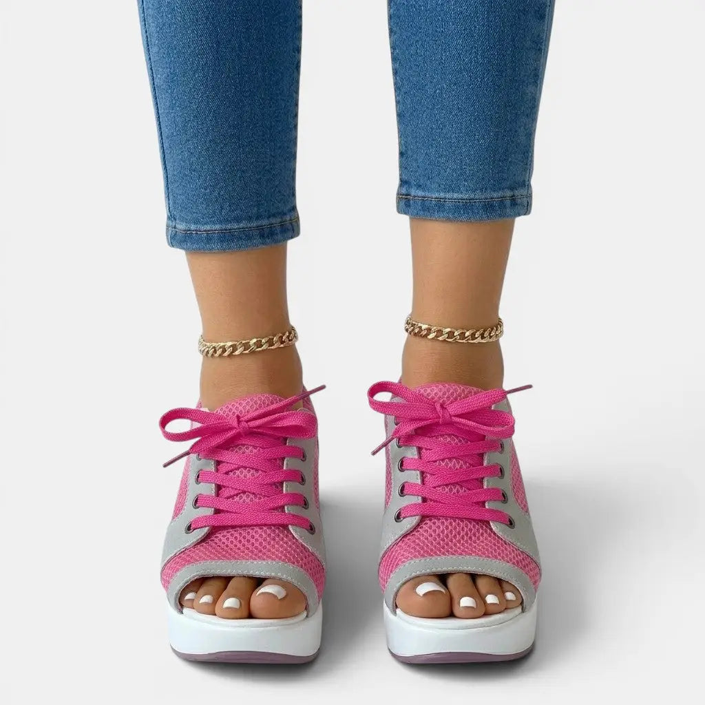 Lacecross — Synthetic Cutout Lace-Up Sandals With Stylish Comfortable Summer Design Rose Red