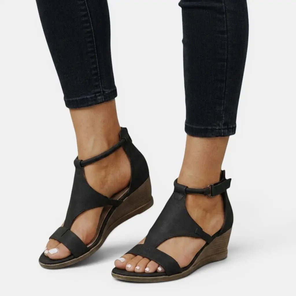 Wedgeopen — Synthetic Leather Wedge Sandals With Elegant Open Toe Summer Design Black