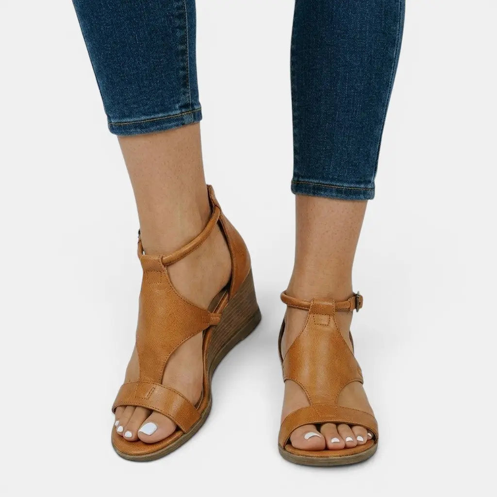 Wedgeopen — Synthetic Leather Wedge Sandals With Elegant Open Toe Summer Design Brown