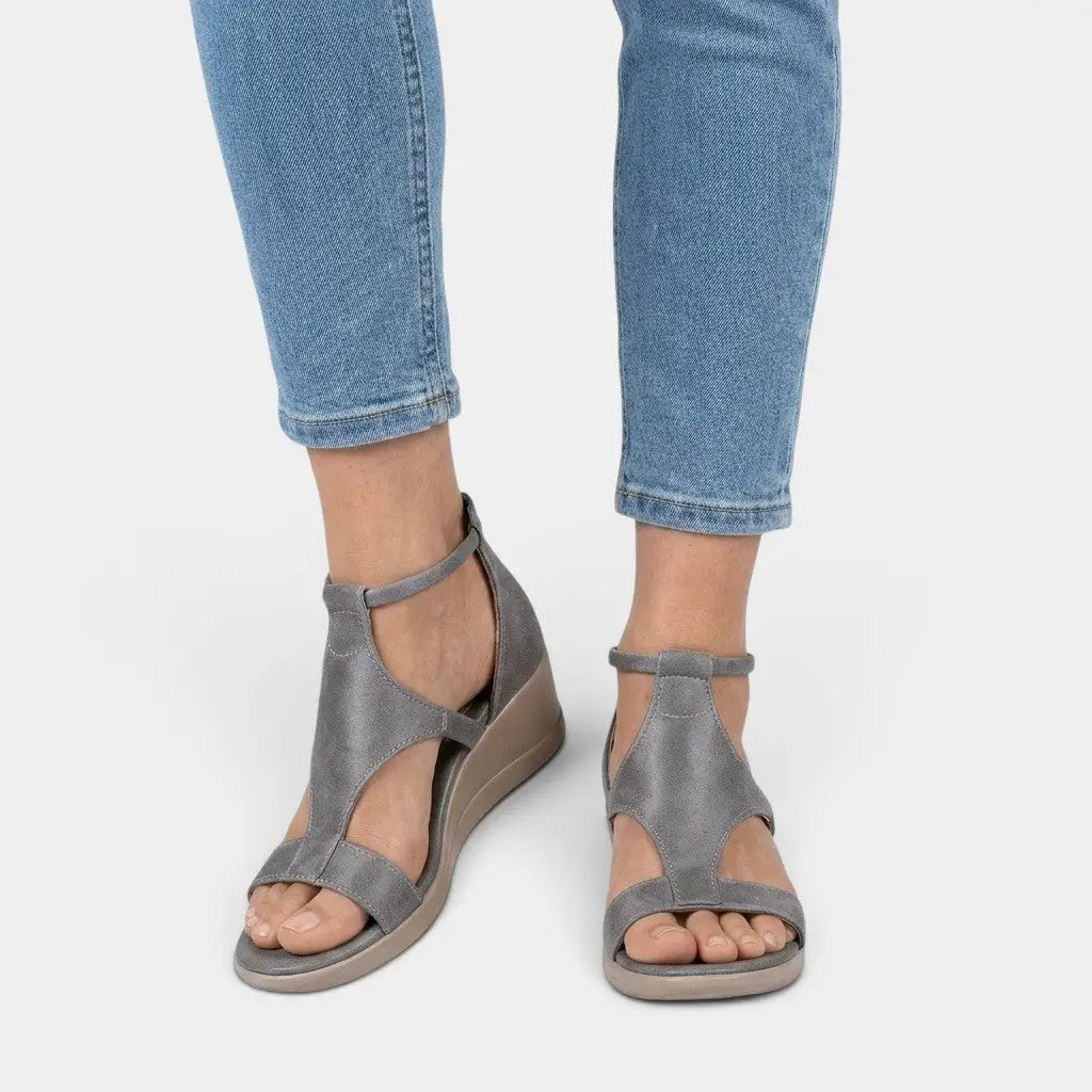 Puwedge — Synthetic PU Wedge Sandals With Stylish Open-Toe Summer Design Grey