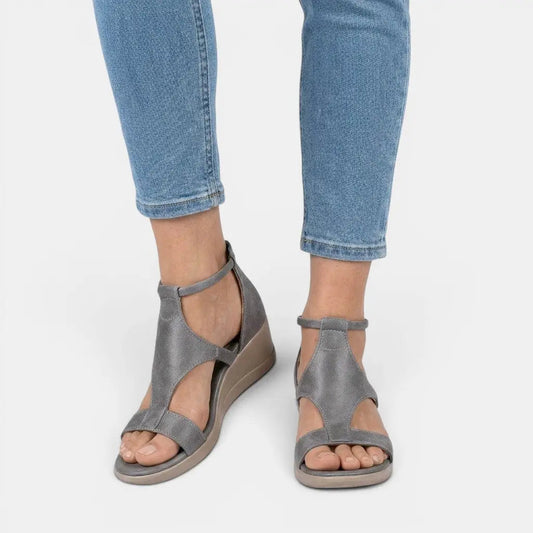 Puwedge — Synthetic PU Wedge Sandals With Stylish Open-Toe Summer Design Grey