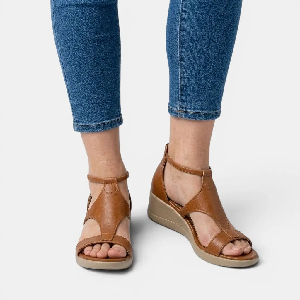 Puwedge — Synthetic PU Wedge Sandals With Stylish Open-Toe Summer Design Brown