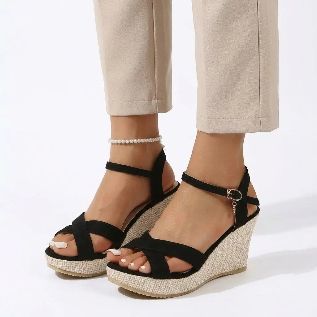 Wedgesummer — Synthetic Wedge Sandals With Elegant Comfortable Summer Wedge Design Black