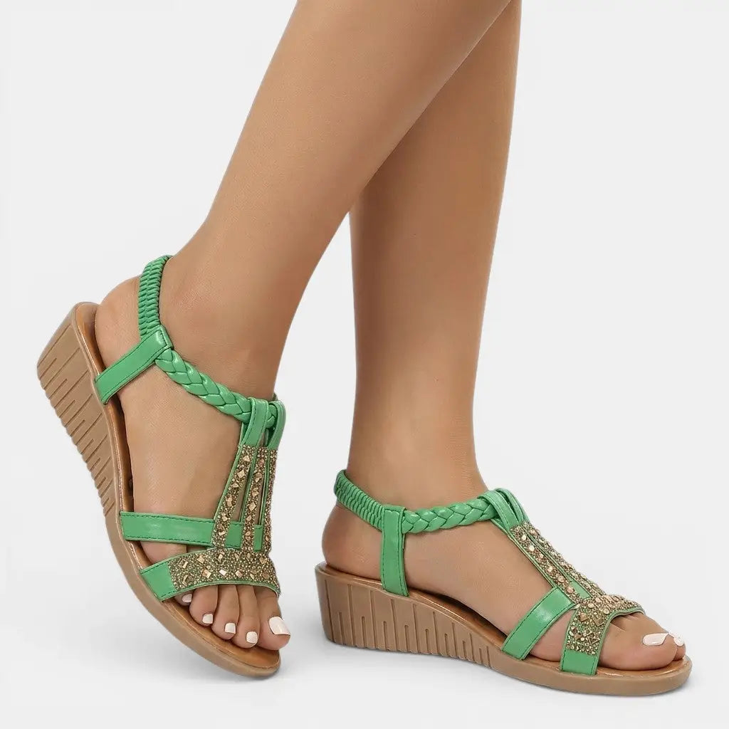 Goldshine — Synthetic Wedge Sandals With Elegant Gold Shimmer Summer Design Green