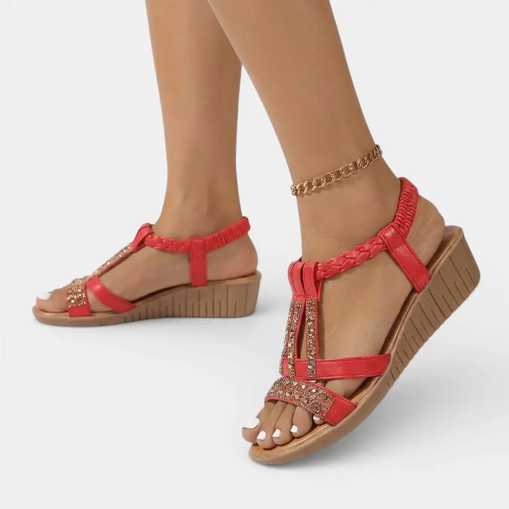 Goldshine — Synthetic Wedge Sandals With Elegant Gold Shimmer Summer Design Red