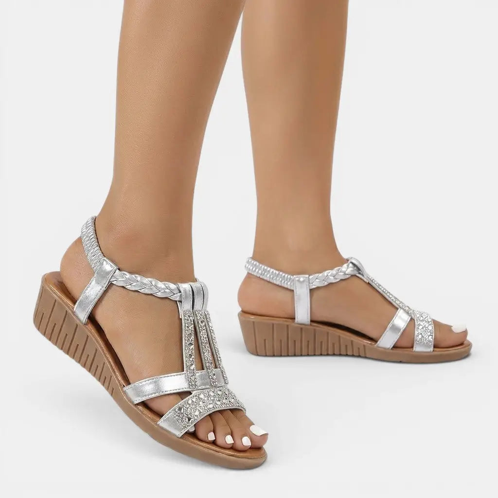 Goldshine — Synthetic Wedge Sandals With Elegant Gold Shimmer Summer Design Silver
