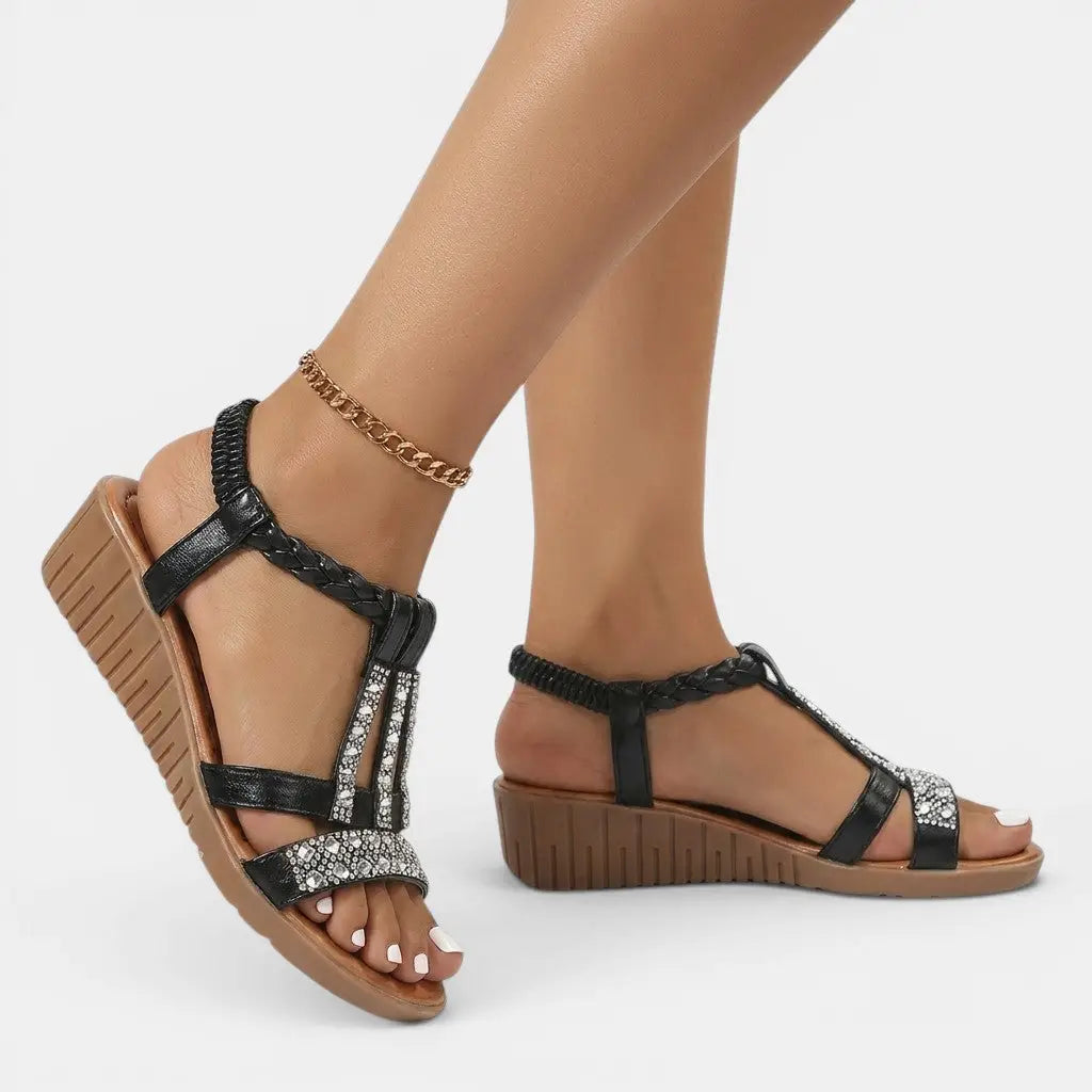 Goldshine — Synthetic Wedge Sandals With Elegant Gold Shimmer Summer Design Black
