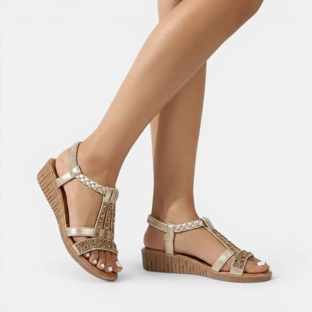 Goldshine — Synthetic Wedge Sandals With Elegant Gold Shimmer Summer Design Rose Golden