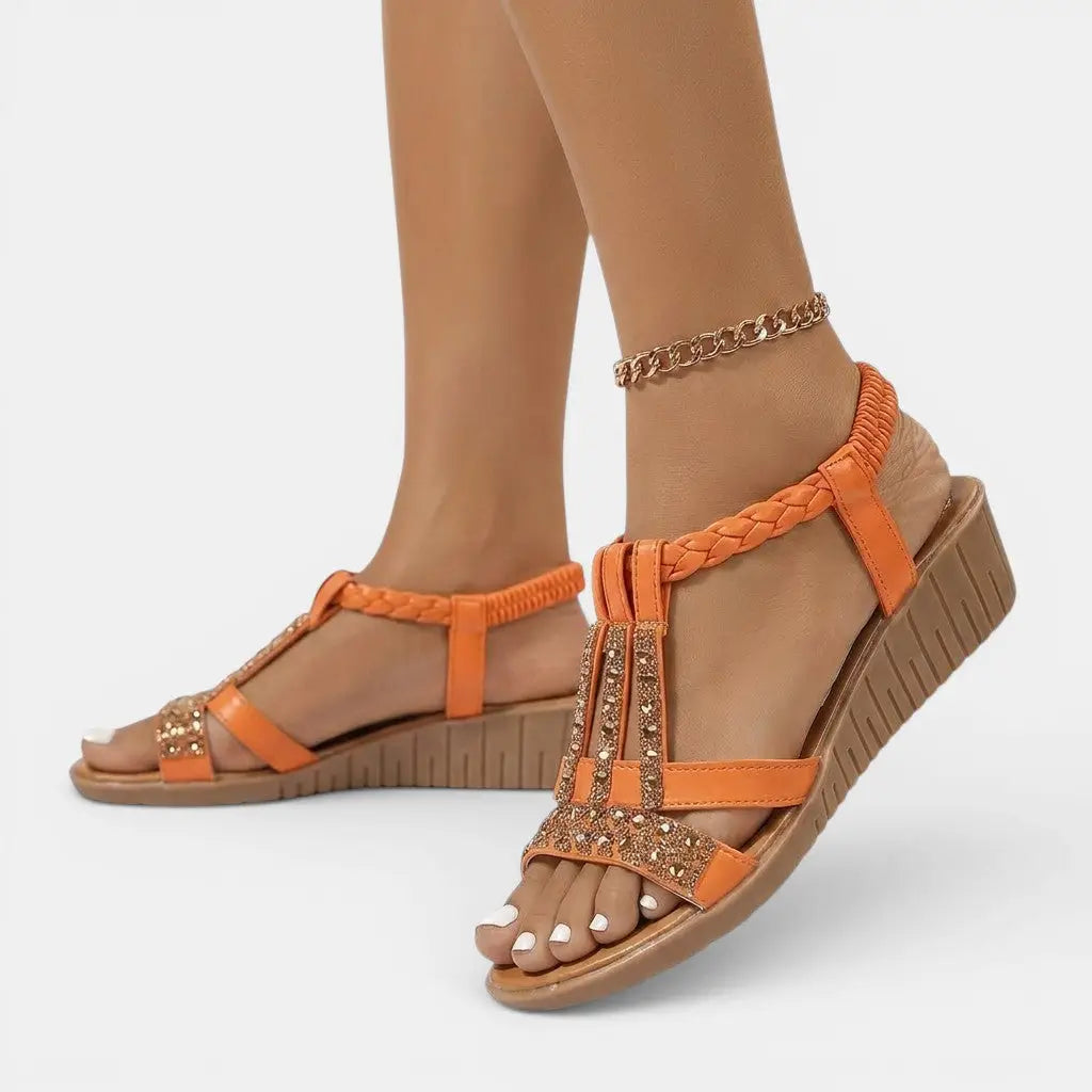 Goldshine — Synthetic Wedge Sandals With Elegant Gold Shimmer Summer Design Tangerine