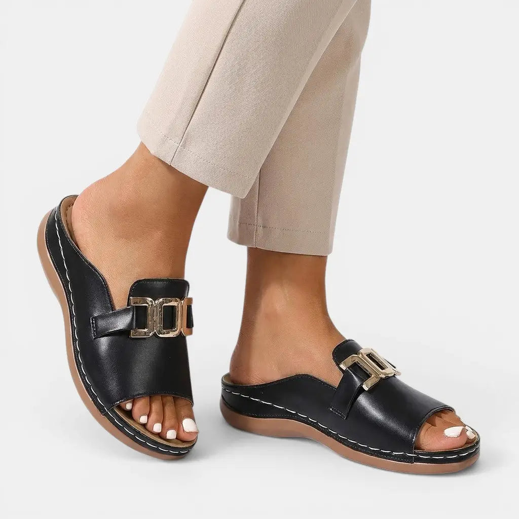 Veganelegance — Vegan Leather Orthopedic Sandals With Chic Wedge Heel Comfort Design Black