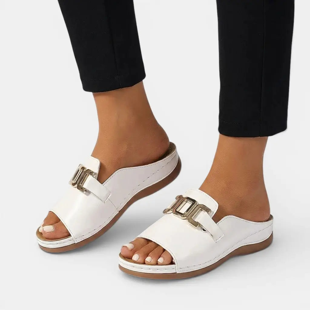 Veganelegance — Vegan Leather Orthopedic Sandals With Chic Wedge Heel Comfort Design White