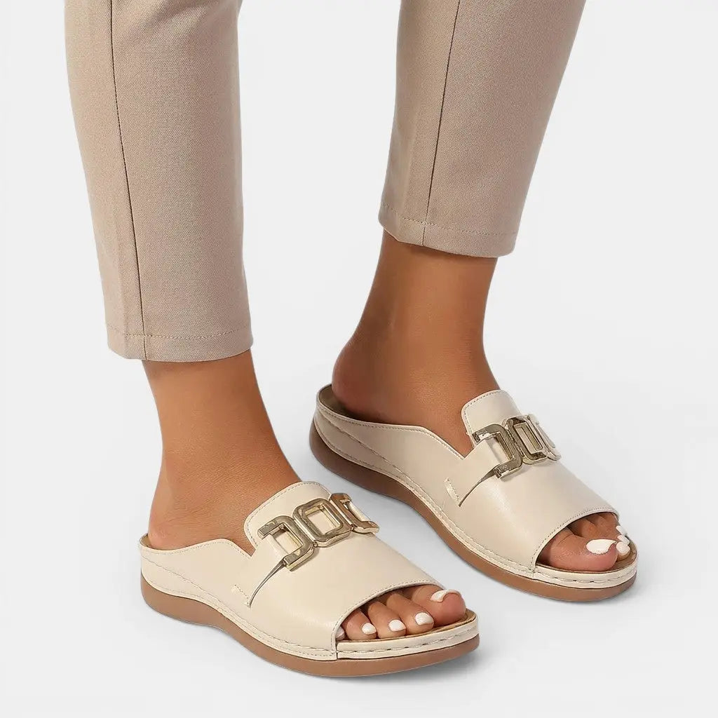 Veganelegance — Vegan Leather Orthopedic Sandals With Chic Wedge Heel Comfort Design Beige
