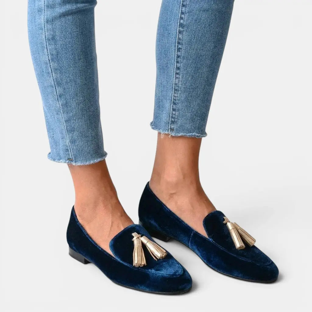 Velvettassel — Velvet Loafers With Elegant Spring Slip-On Tassel Detail Design Blue