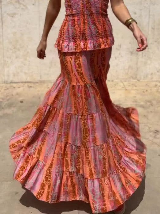Casual Retro Folk Style Printed Layered Skirt Red