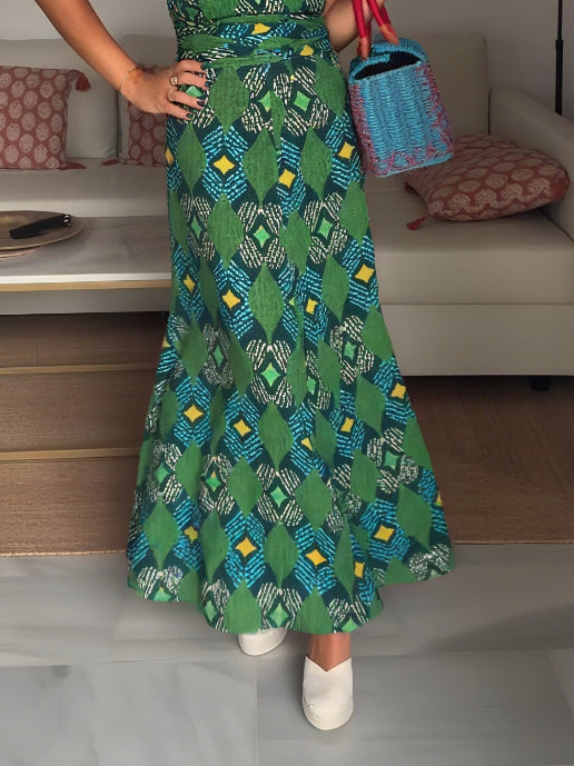 Retro Casual Geometric Print Flared Skirt Green